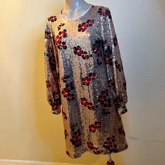 Cece Dresses | Rose Gold Sequin Dress with Red & Black Sequin Flowers, Puff Sleeves Size 8 | Color: Gold/Red | Size: 8 | Kimmiluv2shop's Closet